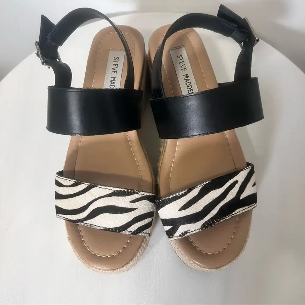 Steve Madden Fifer Platform Espadrille Zebra Leather Upper Sandals Size 6.5